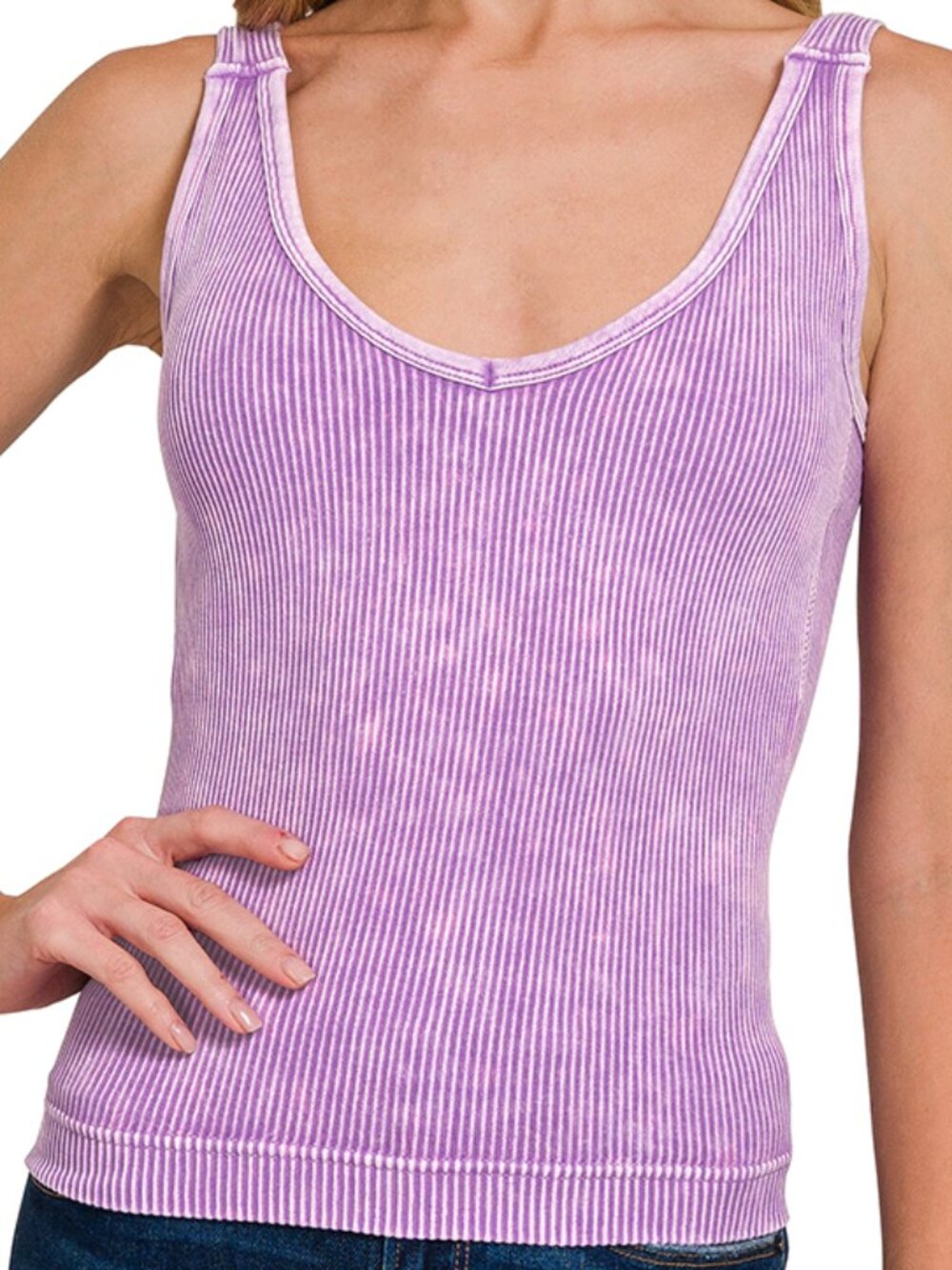 Stone Washed Ribbed Seamless Tank Top w/ Bra Pad in B Violet